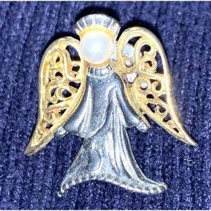 Vintage Camco Silver Tone Gold Tone Faux Pearl Angel Hat Pin Lapel Pin 1”